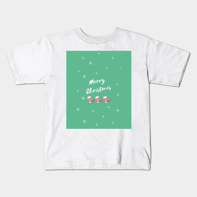 Merry Christmas Elf Shoes and Snowflakes on green Background Kids T-Shirt by Christine aka stine1